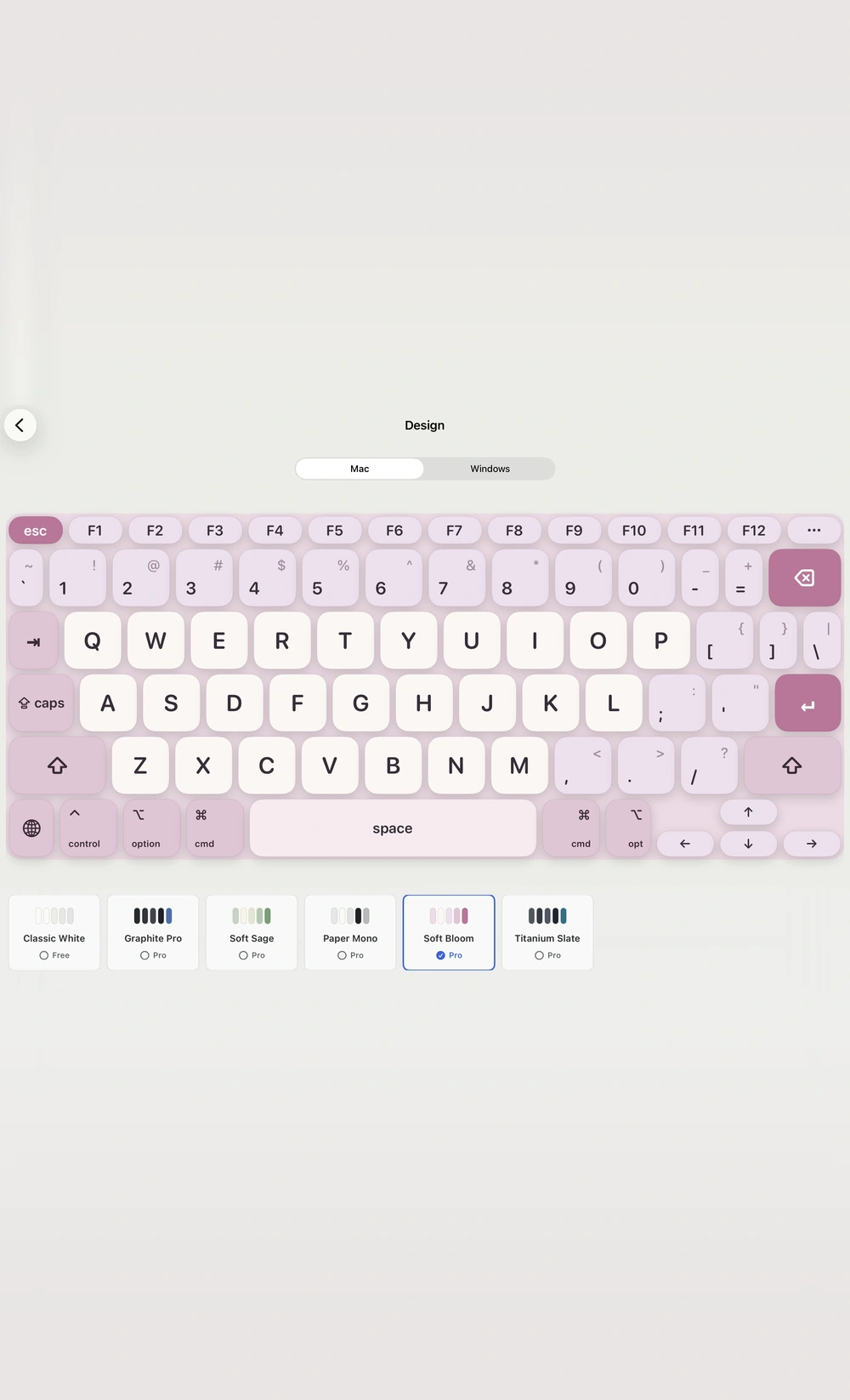 The PadKeys design screen showing Mac and Windows layouts with keycap themes.