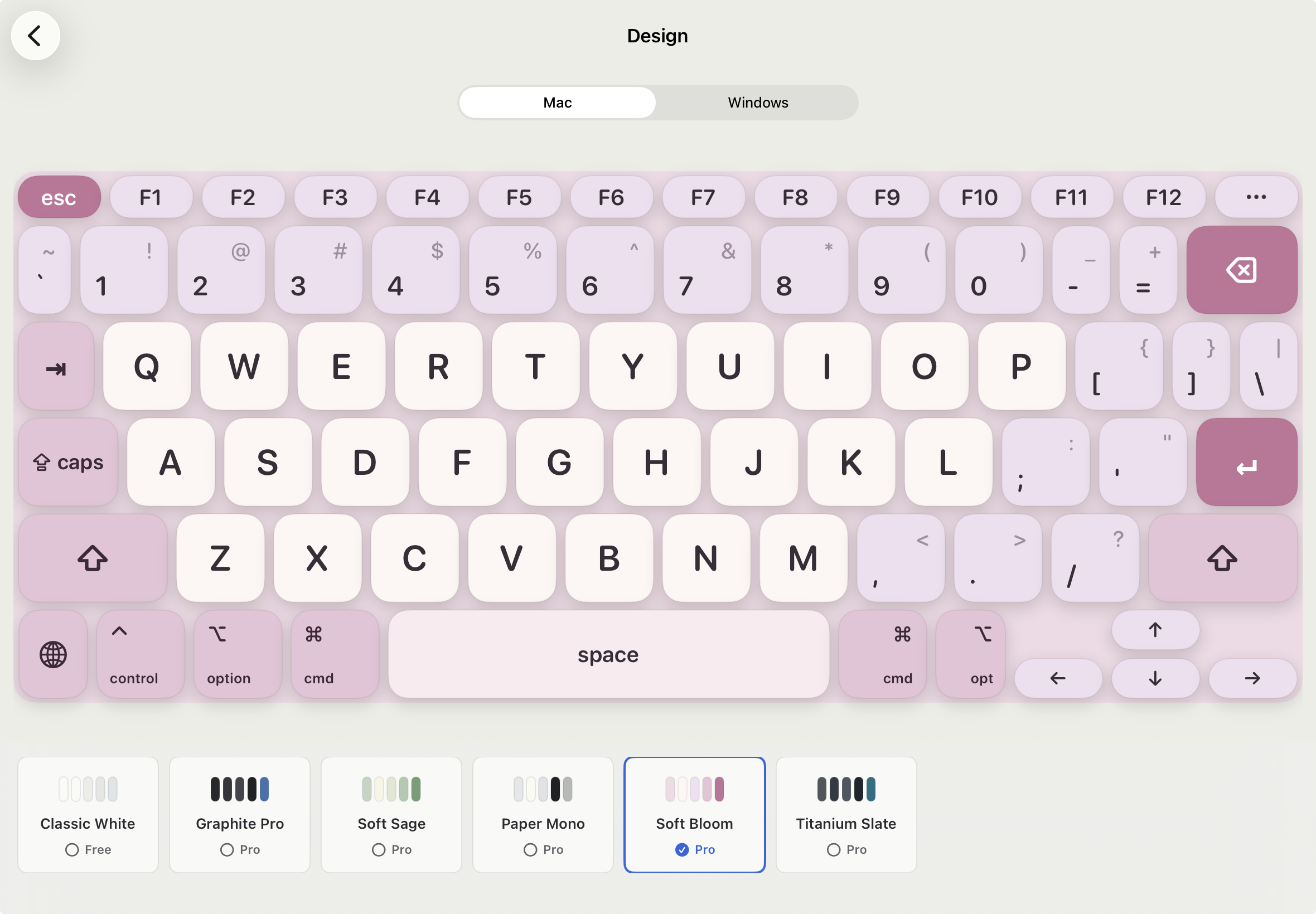 PadKeys keyboard design settings with the Soft Bloom keyboard and six theme choices.